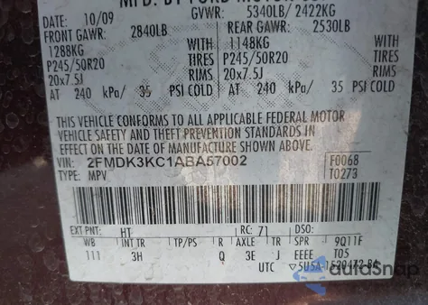 2010 Ford Edge Limited из США, поврежденный, VIN 2FMDK3KC1ABA57002